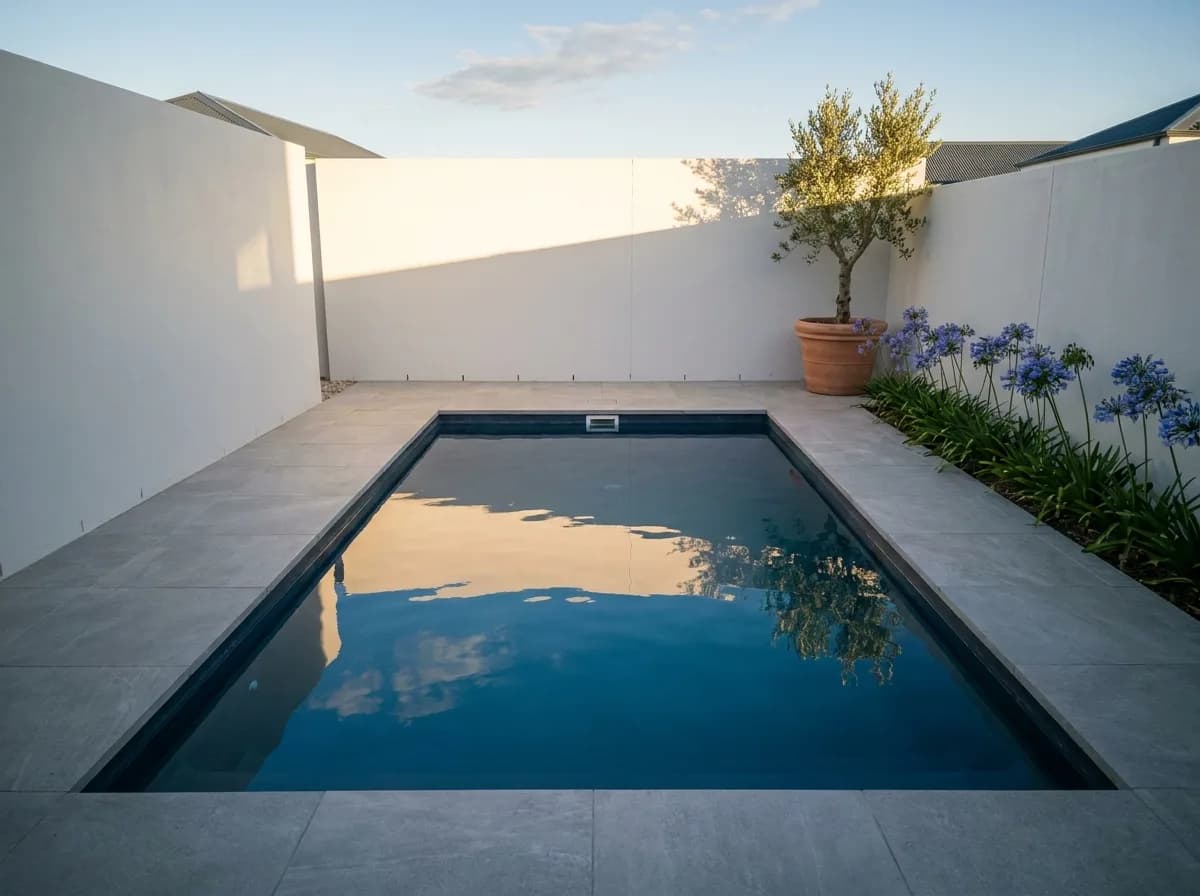 Newly installed rectangular fibreglass pool in a walled Cape Town courtyard garden