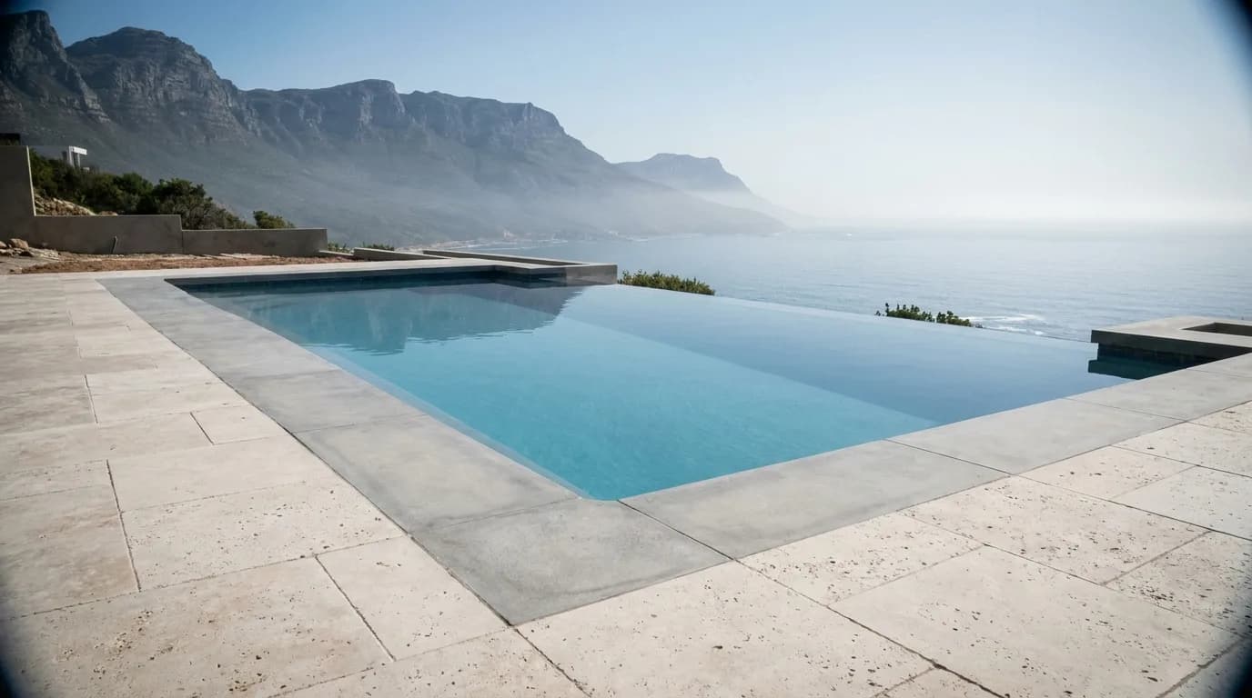 Infinity edge swimming pool on a Cape Town coastal property, overlooking the mountains and the Atlantic