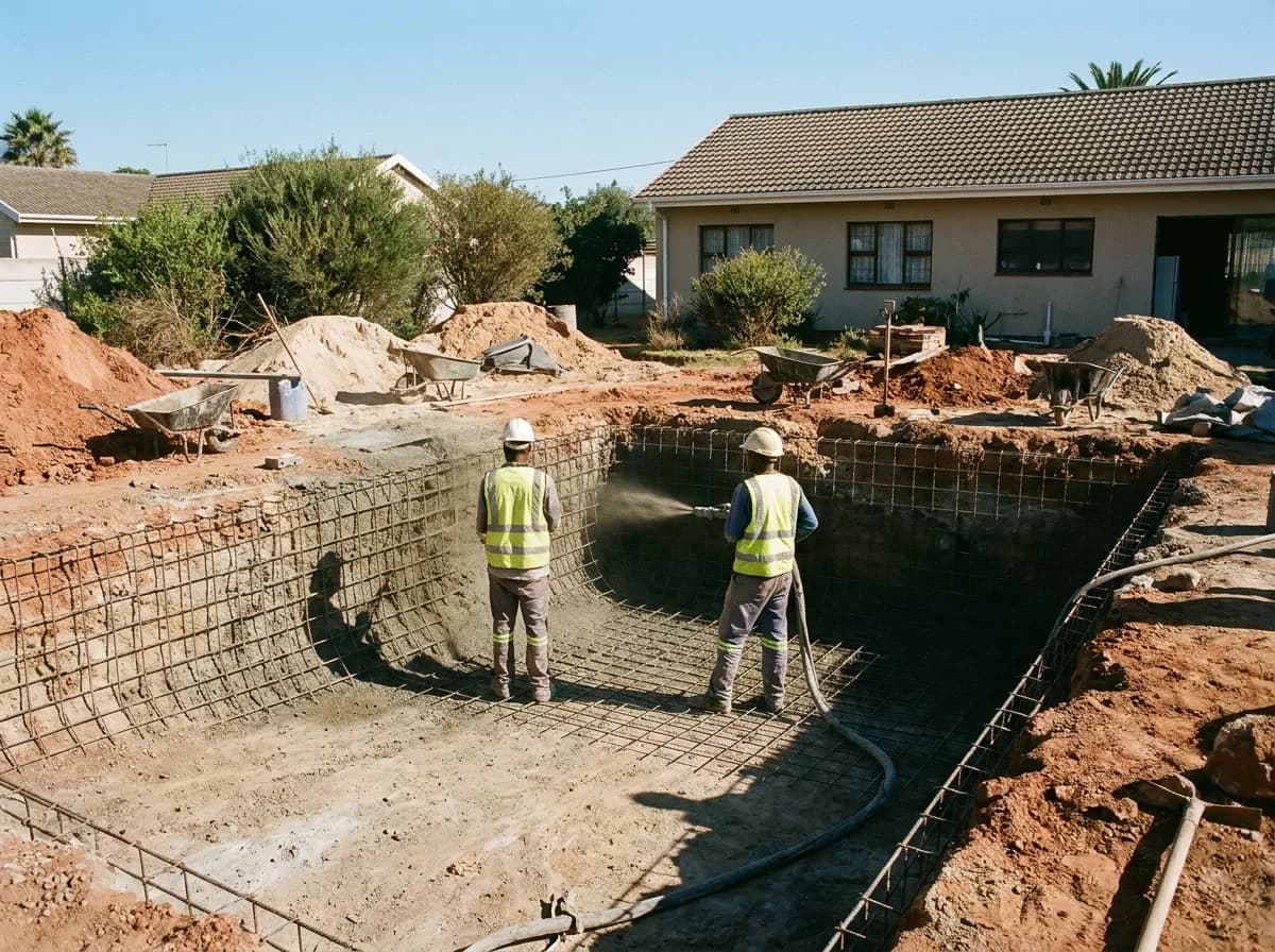 Gren Pools team spraying gunite into a steel-reinforced pool shell at a Cape Town home
