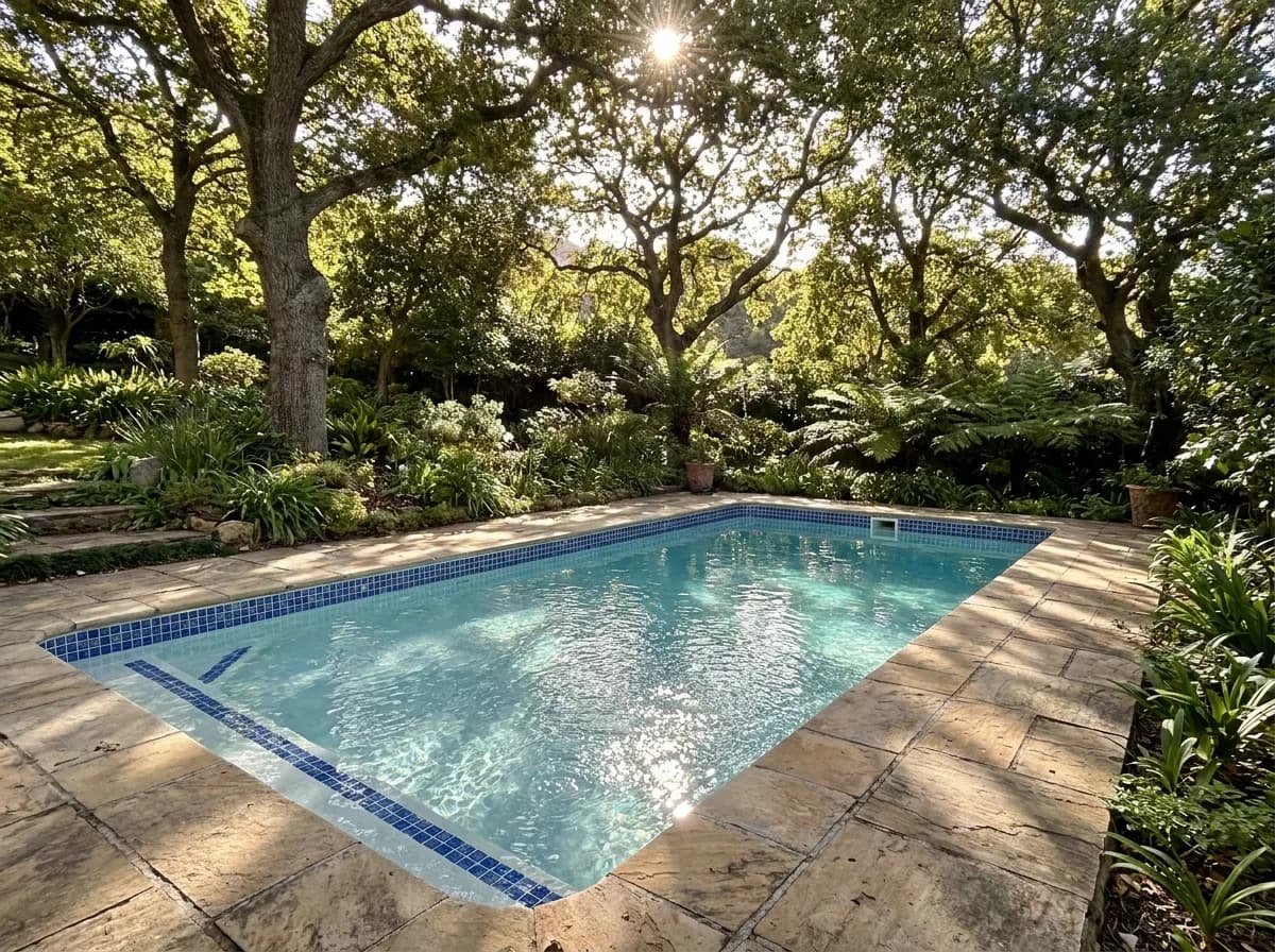 Renovated swimming pool with fresh marbelite and mosaic waterline tiles in a leafy Constantia garden