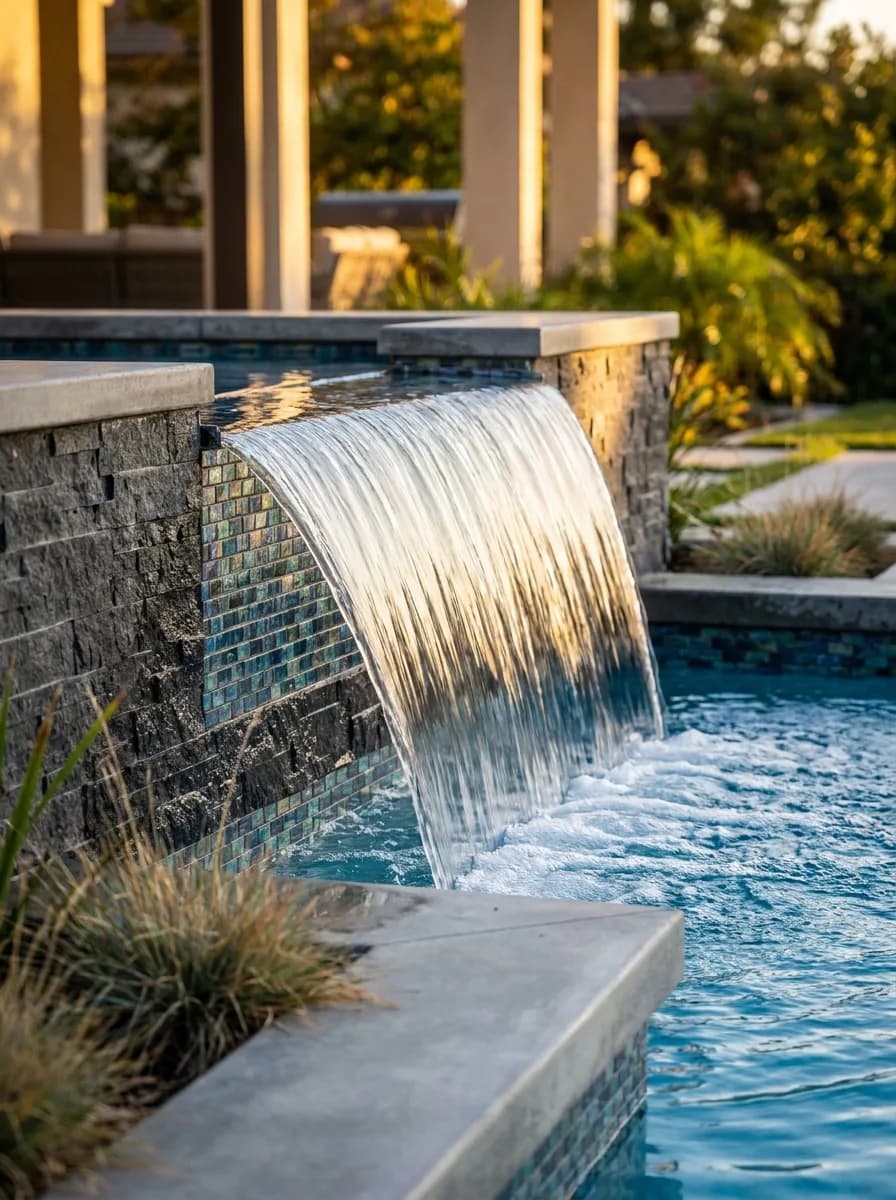 Sheer descent water feature spilling over charcoal stone cladding into a blue pool